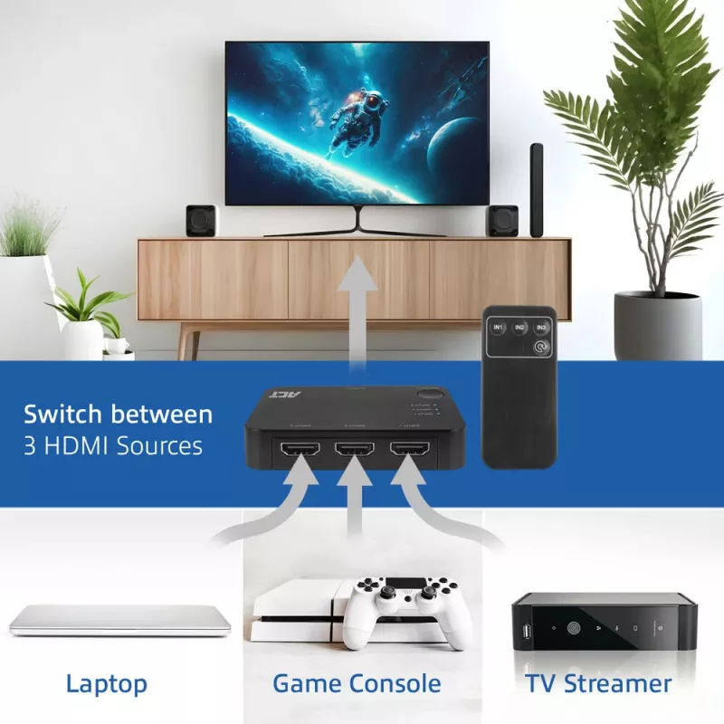 ACT 4K HDMI Switch 3x1 Black 60Hz 1920x1080 3840x2160