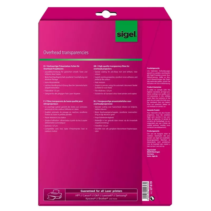 Printing Film Laser Sigel LF619 A4 20 Sheets Transparent