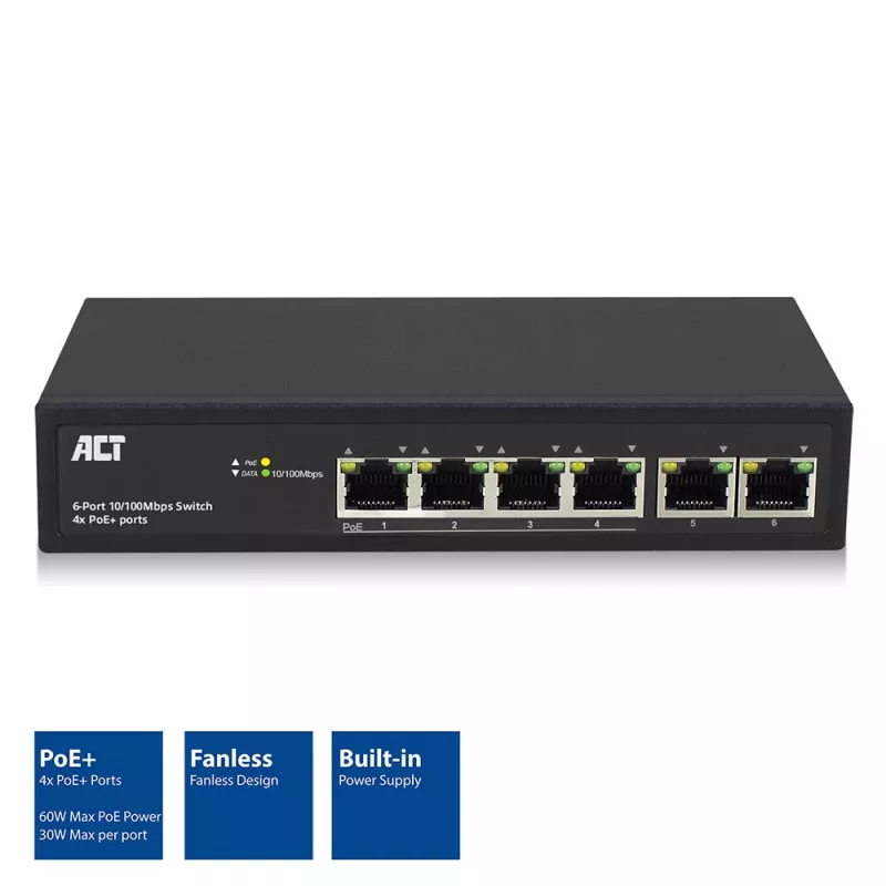 ACT 6 port, network switch, 10/100Mbps. 4x PoE+ (30W) port