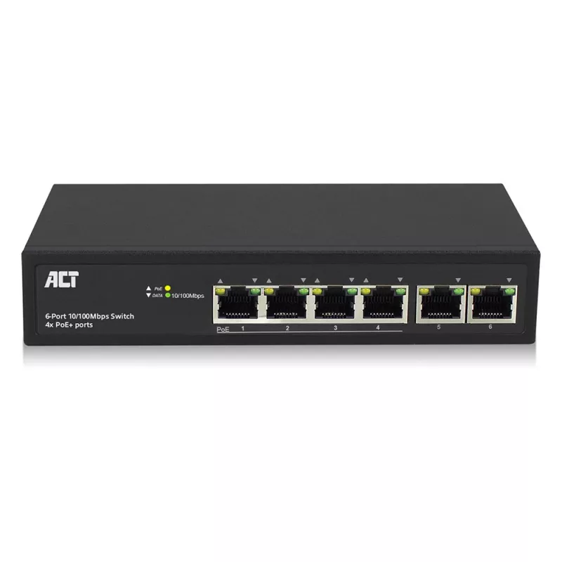 ACT 6 port, network switch, 10/100Mbps. 4x PoE+ (30W) port