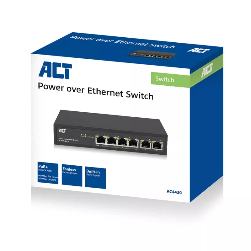 ACT 6 port, network switch, 10/100Mbps. 4x PoE+ (30W) port