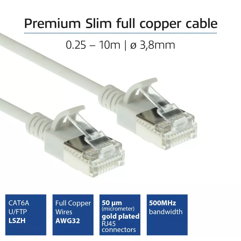 ACT Grey 0.25 meter LSZH U/FTP CAT6A datacenter slimline patch cable snagless with RJ45 connectors