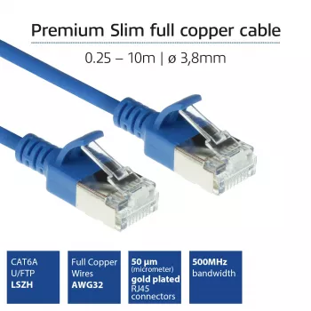 ACT Blue 0.25 meter LSZH U/FTP CAT6A datacenter slimline patch cable snagless with RJ45 connectors