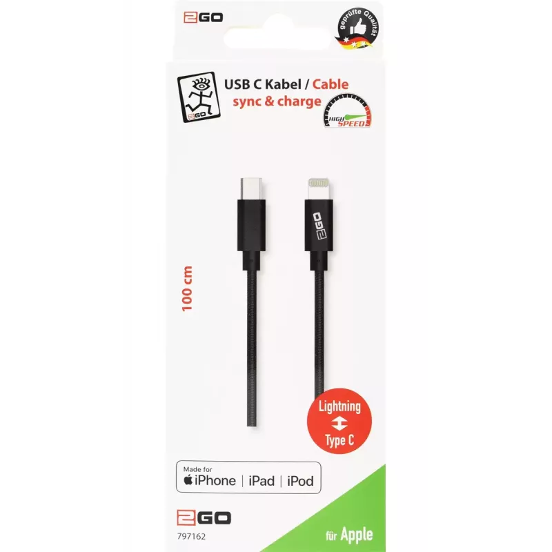 Lightning cable 2GO 797162 1 m Black USB C