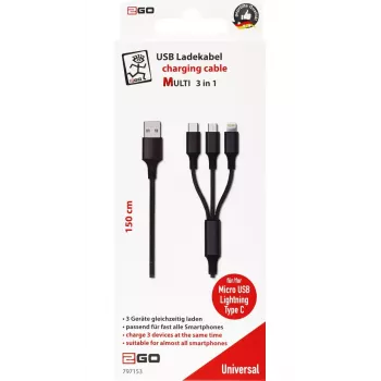 USB cable 2GO 797153 1.5m USB B USB C/Micro-USB B/Lightning Black