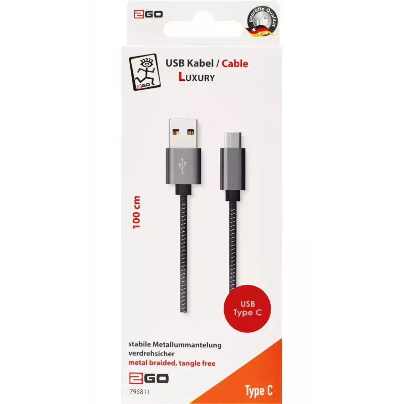 USB cable 2GO 795812 USB 3.2 Gen 1 1m USB B USB C Grey