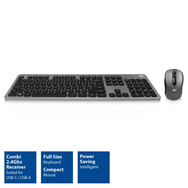 ACT Wireless Keyboard and Mouse set, USB-C/USB-A combi receiver (Qwerty/US layout)