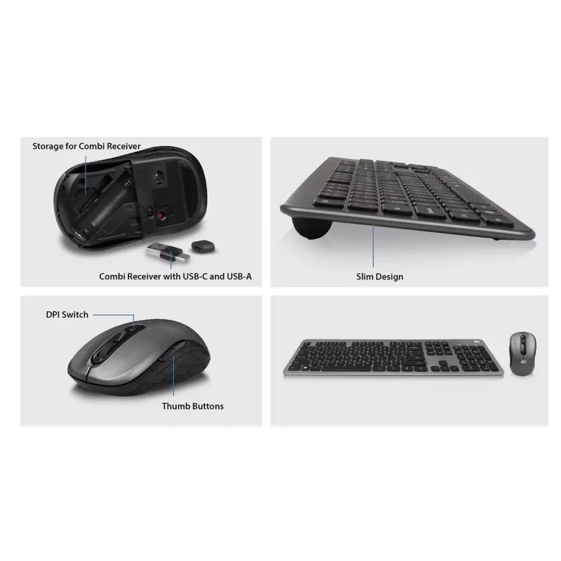 ACT Wireless Keyboard and Mouse set, USB-C/USB-A combi receiver (Qwerty/US layout)