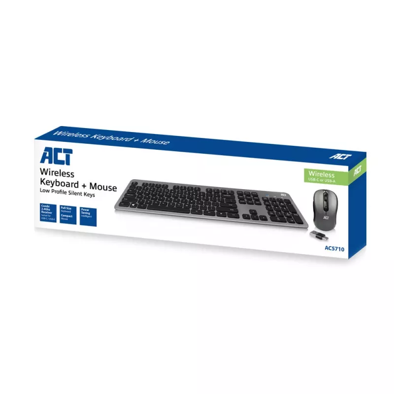 ACT Wireless Keyboard and Mouse set, USB-C/USB-A combi receiver (Qwerty/US layout)