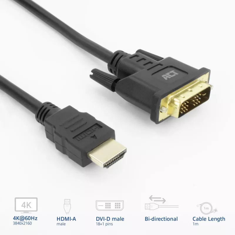 ACT AK3734 video cable adapter 1 m HDMI Type A (Standard) DVI-D Black