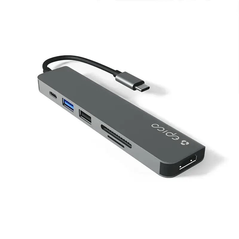 Interface hub Epico 9915112100080 — USB Type-C host, HDMI, USB 2.0, USB Type-C, MicroSD/SD card reader, aluminium/TPU, grey