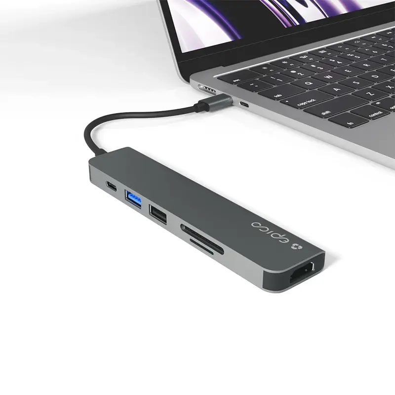 Interface hub Epico 9915112100080 — USB Type-C host, HDMI, USB 2.0, USB Type-C, MicroSD/SD card reader, aluminium/TPU, grey