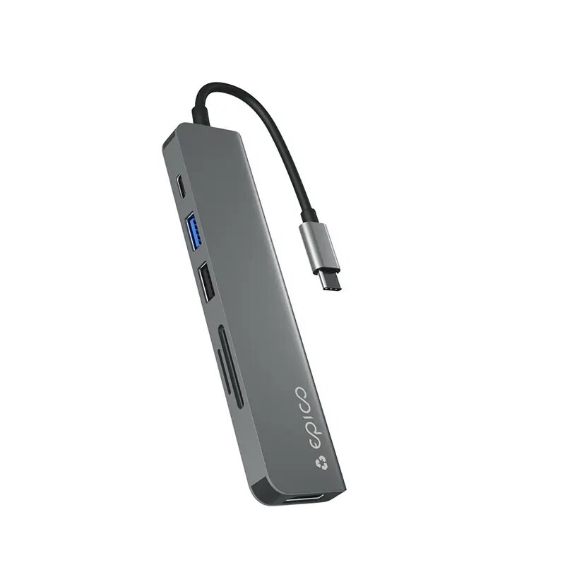 Interface hub Epico 9915112100080 — USB Type-C host, HDMI, USB 2.0, USB Type-C, MicroSD/SD card reader, aluminium/TPU, grey