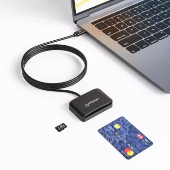 Manhattan USB-C Contact Smart Card Reader with MicroSD slot, USB Type-C Male to Contact Reader Interface and microSDXC, Supports Windows, macOS and Linux, Reads SIM Cards with Adapter, Cable 1m, Black, Three Year Warranty