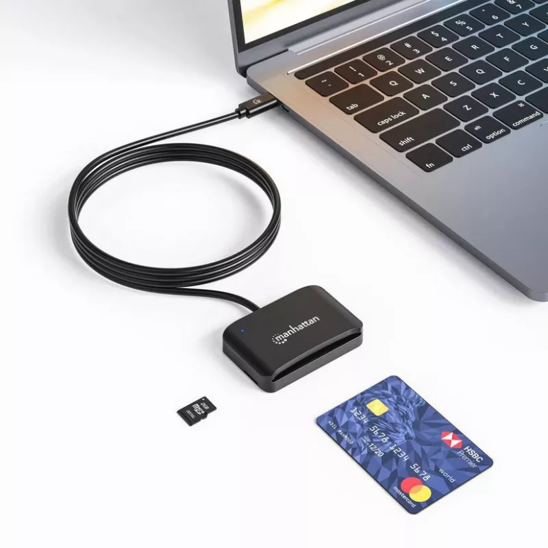 Manhattan USB-C Contact Smart Card Reader with MicroSD slot, USB Type-C Male to Contact Reader Interface and microSDXC, Supports Windows, macOS and Linux, Reads SIM Cards with Adapter, Cable 1m, Black, Three Year Warranty