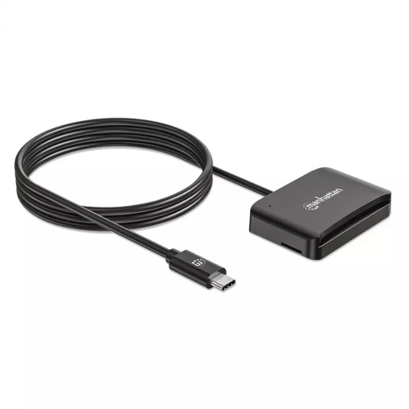 Manhattan USB-C Contact Smart Card Reader with MicroSD slot, USB Type-C Male to Contact Reader Interface and microSDXC, Supports Windows, macOS and Linux, Reads SIM Cards with Adapter, Cable 1m, Black, Three Year Warranty