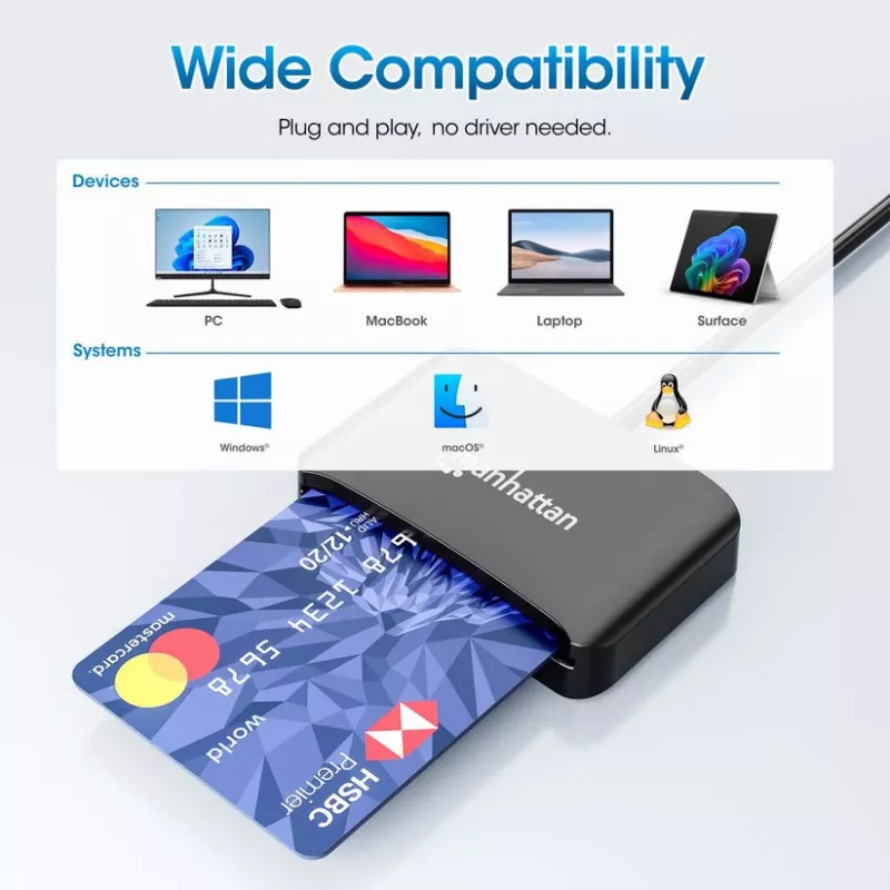 Manhattan USB-C Contact Smart Card Reader with MicroSD slot, USB Type-C Male to Contact Reader Interface and microSDXC, Supports Windows, macOS and Linux, Reads SIM Cards with Adapter, Cable 1m, Black, Three Year Warranty