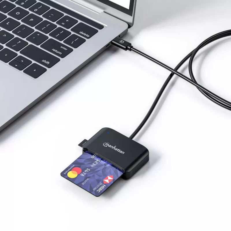 Manhattan USB-C Contact Smart Card Reader with MicroSD slot, USB Type-C Male to Contact Reader Interface and microSDXC, Supports Windows, macOS and Linux, Reads SIM Cards with Adapter, Cable 1m, Black, Three Year Warranty