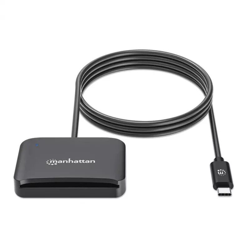 Manhattan USB-C Contact Smart Card Reader with MicroSD slot, USB Type-C Male to Contact Reader Interface and microSDXC, Supports Windows, macOS and Linux, Reads SIM Cards with Adapter, Cable 1m, Black, Three Year Warranty