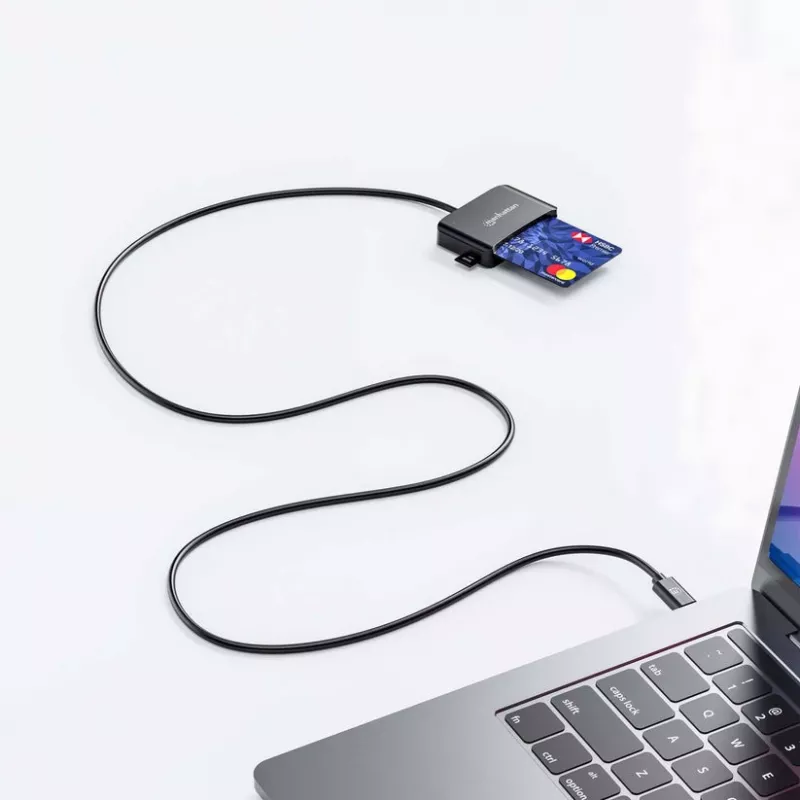 Manhattan USB-C Contact Smart Card Reader with MicroSD slot, USB Type-C Male to Contact Reader Interface and microSDXC, Supports Windows, macOS and Linux, Reads SIM Cards with Adapter, Cable 1m, Black, Three Year Warranty
