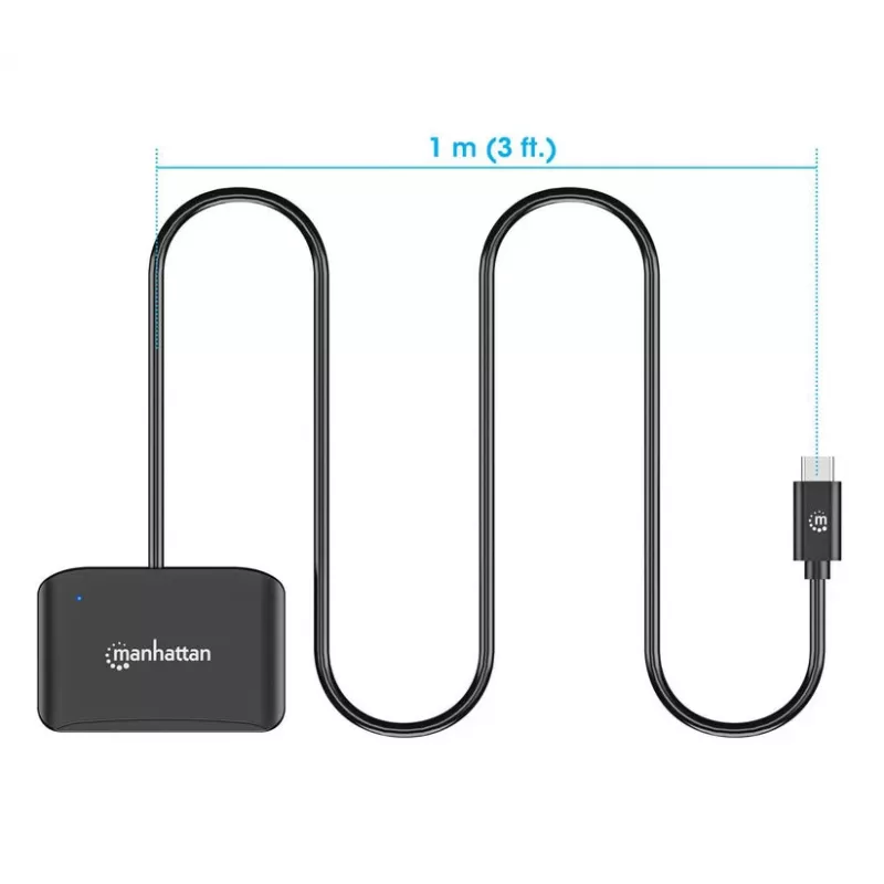 Manhattan USB-C Contact Smart Card Reader with MicroSD slot, USB Type-C Male to Contact Reader Interface and microSDXC, Supports Windows, macOS and Linux, Reads SIM Cards with Adapter, Cable 1m, Black, Three Year Warranty
