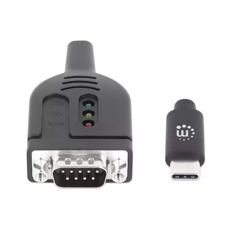 Manhattan USB-C to Serial Converter cable, 1m, Male to Male, Serial/RS232/COM/DB9, Prolific PL2303GT Chip, Black cable, Three Years Warranty