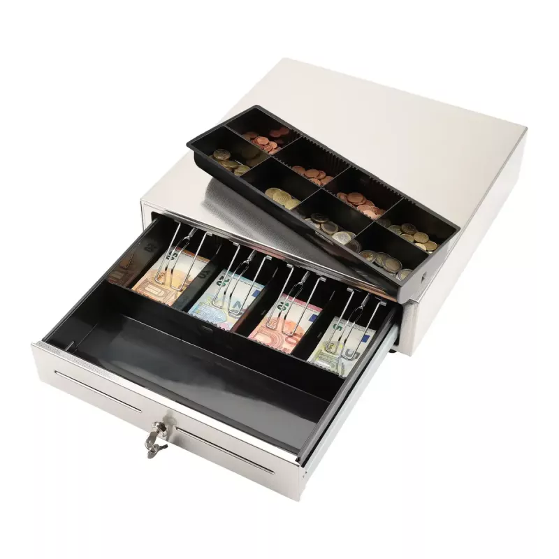 Manual cash drawer Olympia LD 410S, stainless steel housing, 415×410×104 mm, 6.5 kg