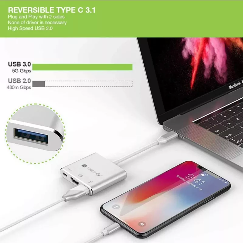 Techly IADAP USB31-HDMIPTY laptop dock/port replicator Wired USB 3.2 Gen 1 (3.1 Gen 1) Type-C Silver