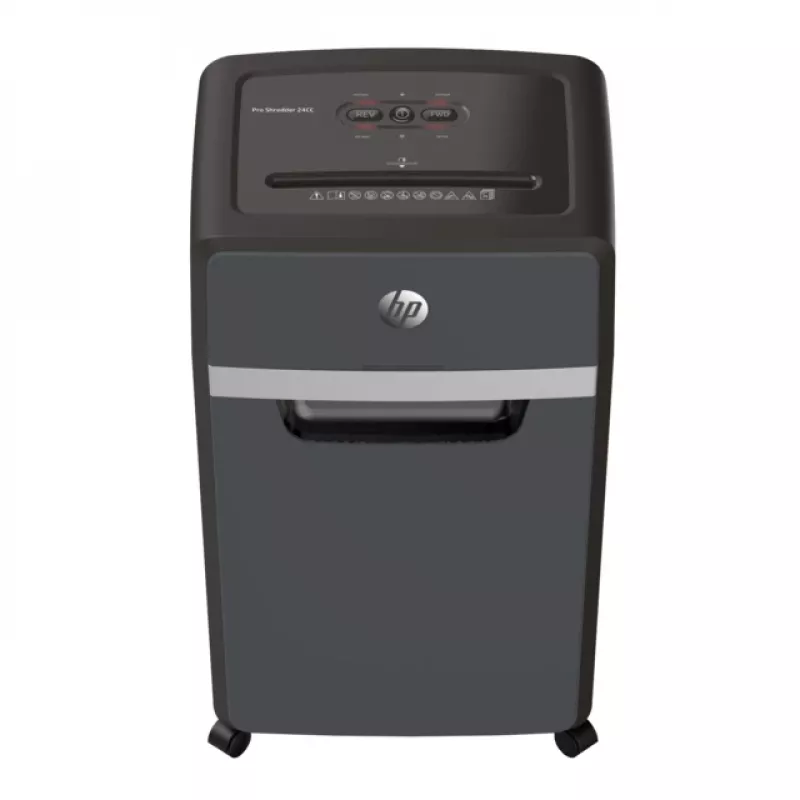 Paper shredder HP Pro Shredder 24CC — particle-cut, 24-sheet capacity, 4 x 35 mm, 30 L bin, 680 W, 220 mm feed, Black