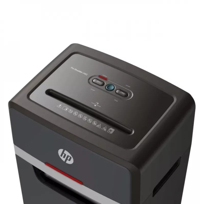 Paper shredder HP Pro Shredder 24CC — particle-cut, 24-sheet capacity, 4 x 35 mm, 30 L bin, 680 W, 220 mm feed, Black
