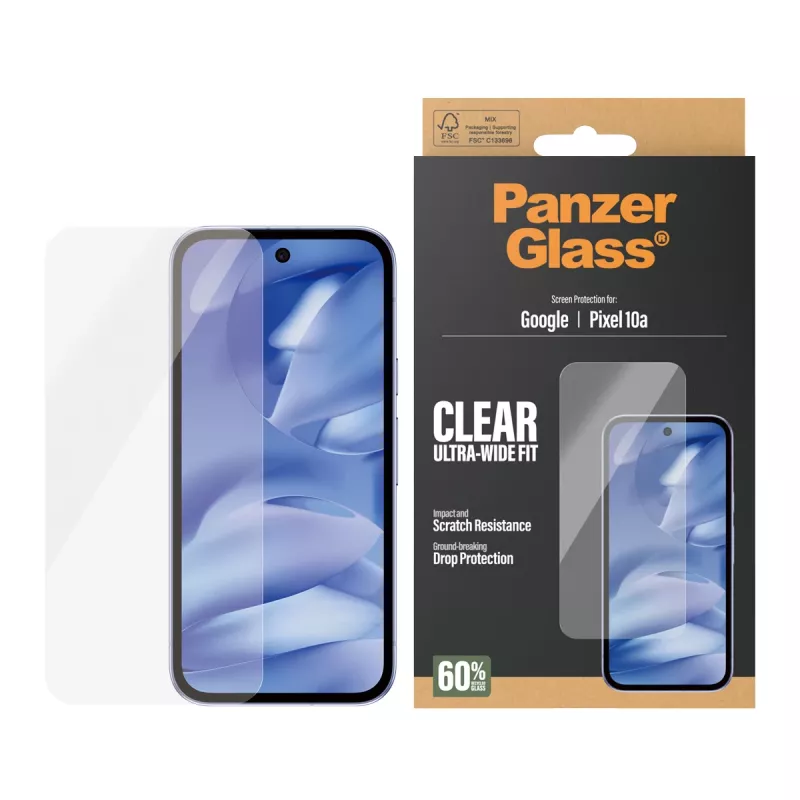 Screen protector PanzerGlass for Google Pixel 10a 5G — Ultra-Wide Fit, PET, scratch and shock resistant, transparent