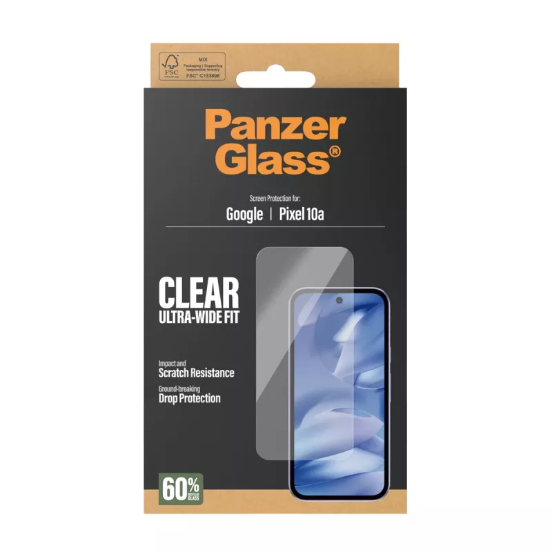 Screen protector PanzerGlass for Google Pixel 10a 5G — Ultra-Wide Fit, PET, scratch and shock resistant, transparent