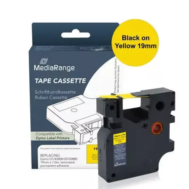 Label tape MediaRange MRDY45808 Black on yellow D1 — 19 mm x 7 m, permanent acrylic adhesive