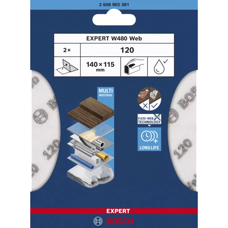 Abrasive sheet Bosch W480, fine grit P320, 115×140 mm, 2 pcs