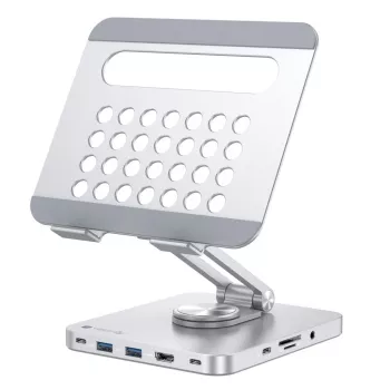 Techly 8-in-1 USB-C Hub Docking Station Tablet Stand, Tablet stand, Silver, Aluminium, 360°, USB 3.2 Gen 1 (3.1 Gen 1) Type-C, 5000 Mbit/s