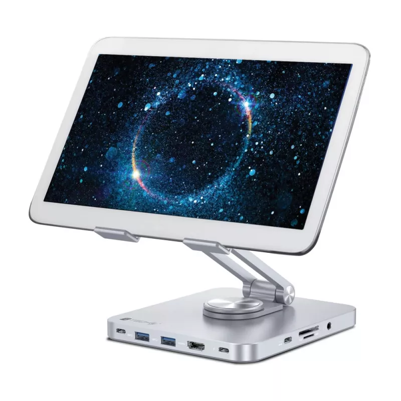 Techly 8-in-1 USB-C Hub Docking Station Tablet Stand, Tablet stand, Silver, Aluminium, 360°, USB 3.2 Gen 1 (3.1 Gen 1) Type-C, 5000 Mbit/s