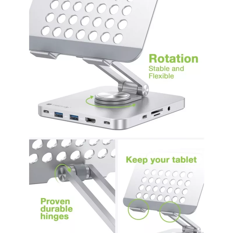 Techly 8-in-1 USB-C Hub Docking Station Tablet Stand, Tablet stand, Silver, Aluminium, 360°, USB 3.2 Gen 1 (3.1 Gen 1) Type-C, 5000 Mbit/s