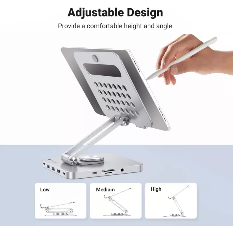Techly 8-in-1 USB-C Hub Docking Station Tablet Stand, Tablet stand, Silver, Aluminium, 360°, USB 3.2 Gen 1 (3.1 Gen 1) Type-C, 5000 Mbit/s