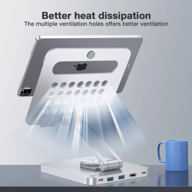 Techly 8-in-1 USB-C Hub Docking Station Tablet Stand, Tablet stand, Silver, Aluminium, 360°, USB 3.2 Gen 1 (3.1 Gen 1) Type-C, 5000 Mbit/s