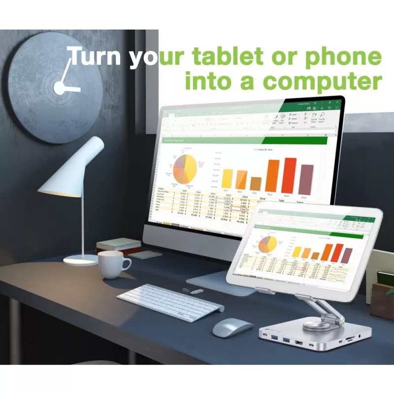 Techly 8-in-1 USB-C Hub Docking Station Tablet Stand, Tablet stand, Silver, Aluminium, 360°, USB 3.2 Gen 1 (3.1 Gen 1) Type-C, 5000 Mbit/s