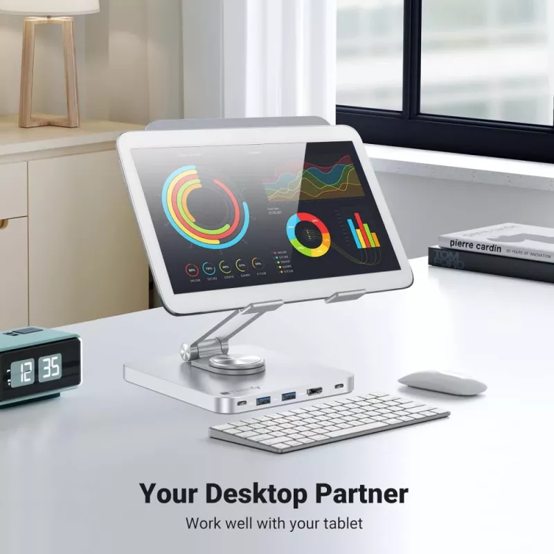 Techly 8-in-1 USB-C Hub Docking Station Tablet Stand, Tablet stand, Silver, Aluminium, 360°, USB 3.2 Gen 1 (3.1 Gen 1) Type-C, 5000 Mbit/s