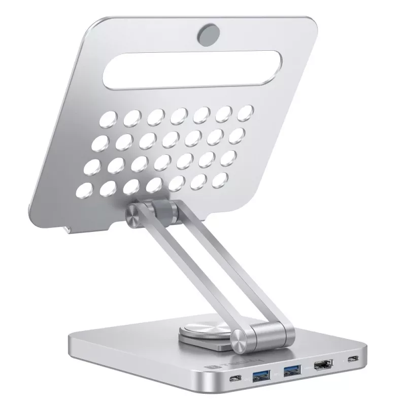 Techly 8-in-1 USB-C Hub Docking Station Tablet Stand, Tablet stand, Silver, Aluminium, 360°, USB 3.2 Gen 1 (3.1 Gen 1) Type-C, 5000 Mbit/s