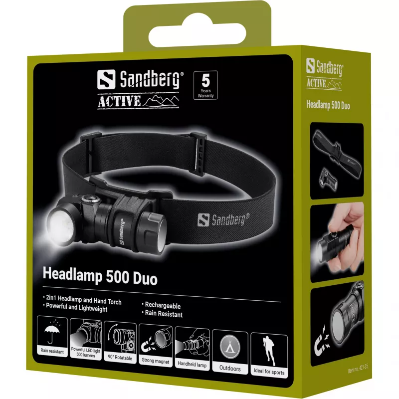 Sandberg Headlamp 500 Duo, Headband flashlight, Black, Aluminium, IP44, LED, 25 lm