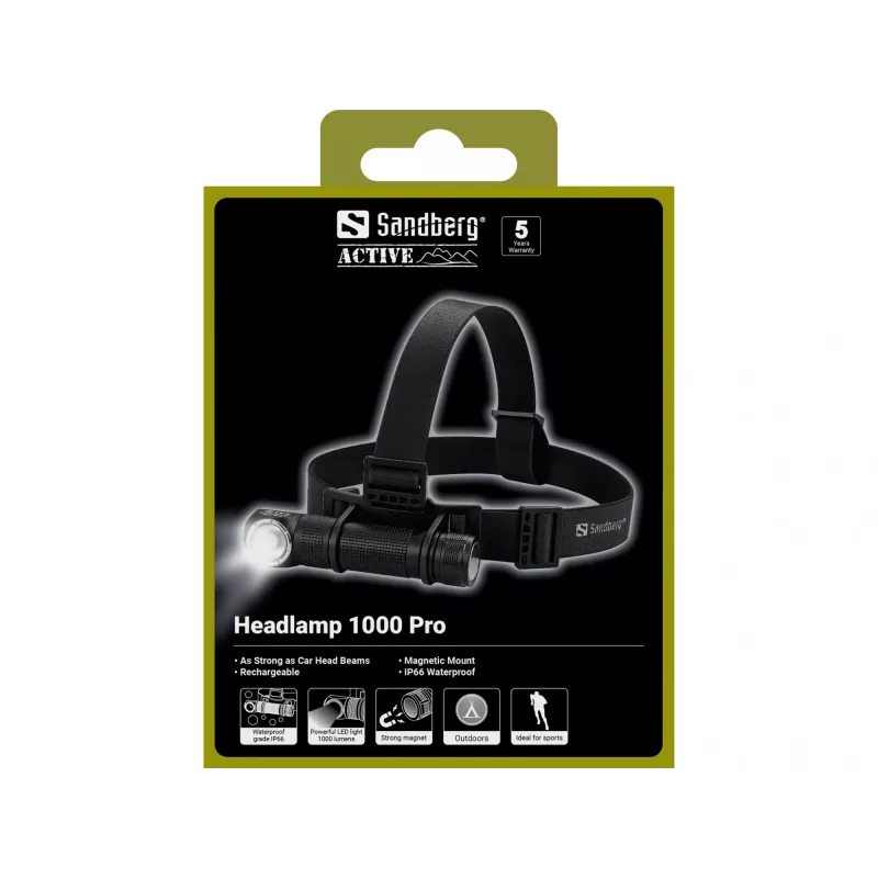Sandberg Headlamp 1000 Pro, Headband flashlight, Black, Aluminium, IP66, LED, 25 lm