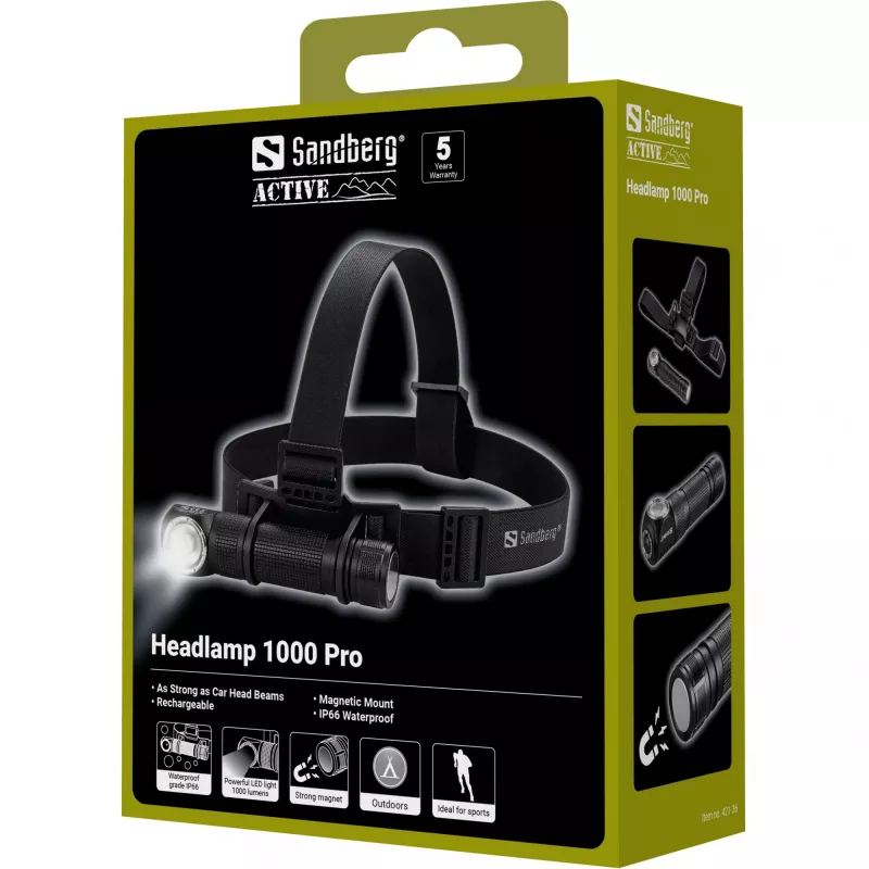 Sandberg Headlamp 1000 Pro, Headband flashlight, Black, Aluminium, IP66, LED, 25 lm