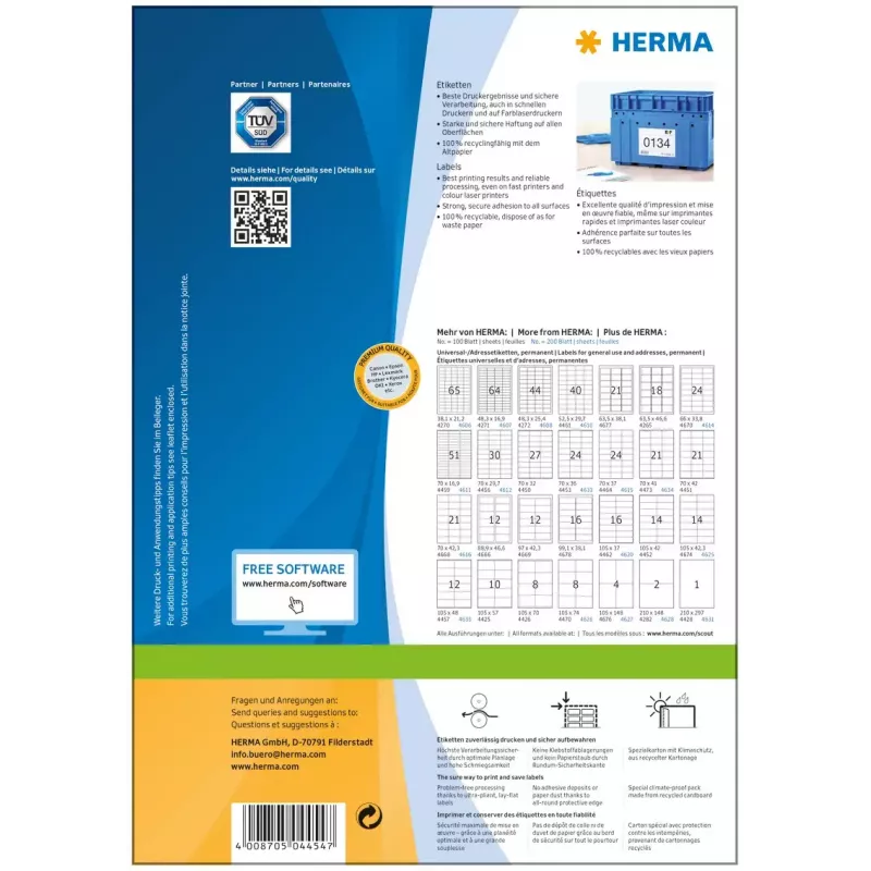 Self-adhesive printer label HERMA Labels Premium A4 105x144 mm