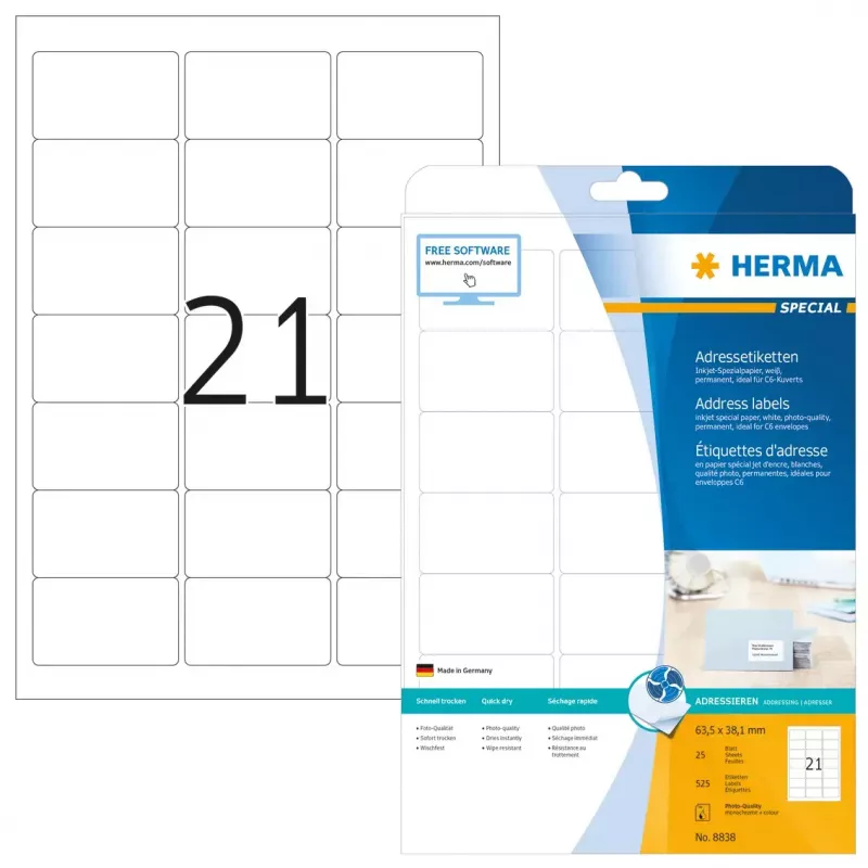 Inkjet address labels HERMA 8838 A4 63.5x38.1 mm 525 pcs
