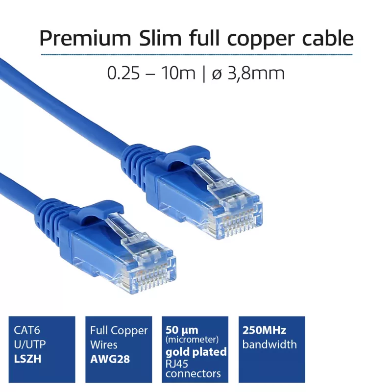 ACT Blue 0.5 meter LSZH U/UTP CAT6 datacenter slimline patch cable snagless with RJ45 connectors