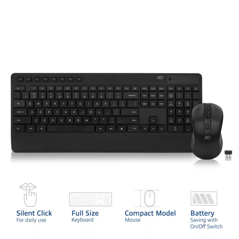 ACT Wireless keyboard and mouse bundle (Qwerty), silent click, eco-friendly, made from recycled materials