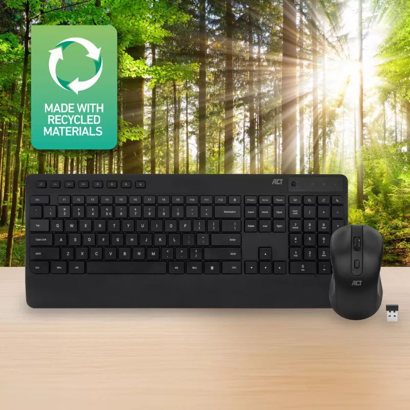 ACT Wireless keyboard and mouse bundle (Qwerty), silent click, eco-friendly, made from recycled materials